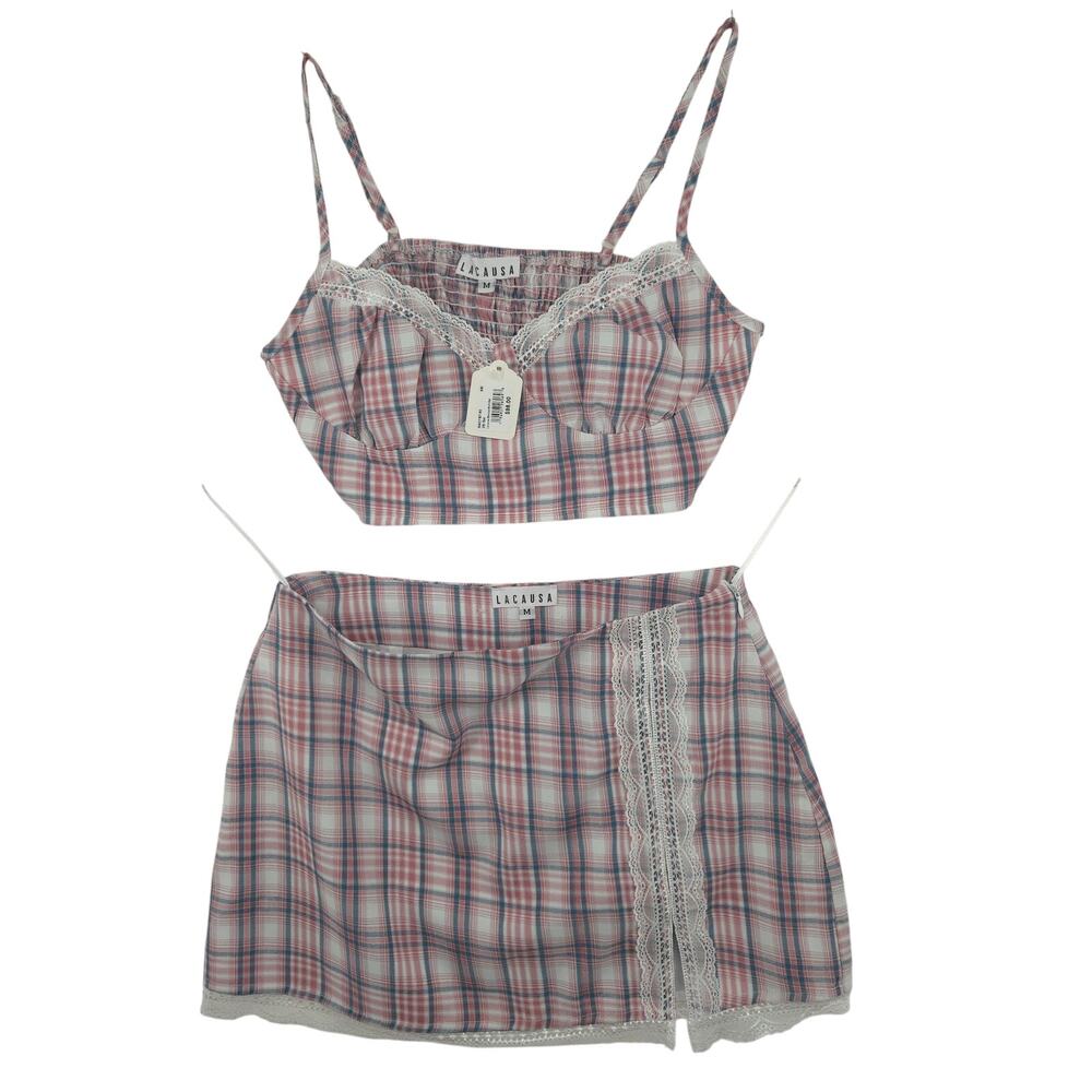 Lacausa Womens 2-piece Halter & Mini Skirt Pink White Grey Medium Cami Tank Crop